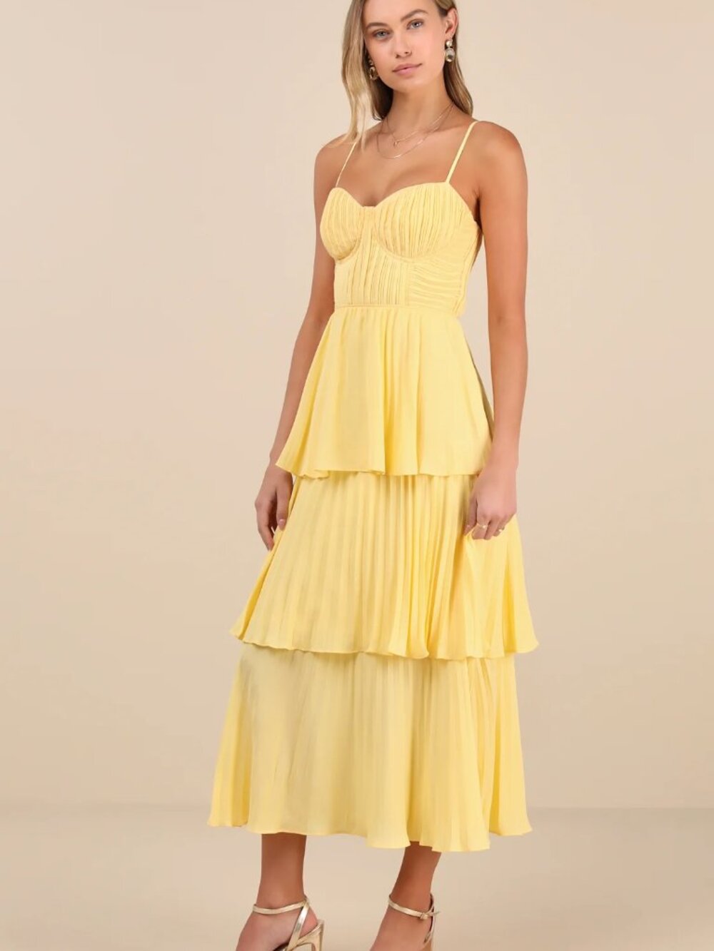 Lulu's Yellow Tiered Pleated Midi Dress